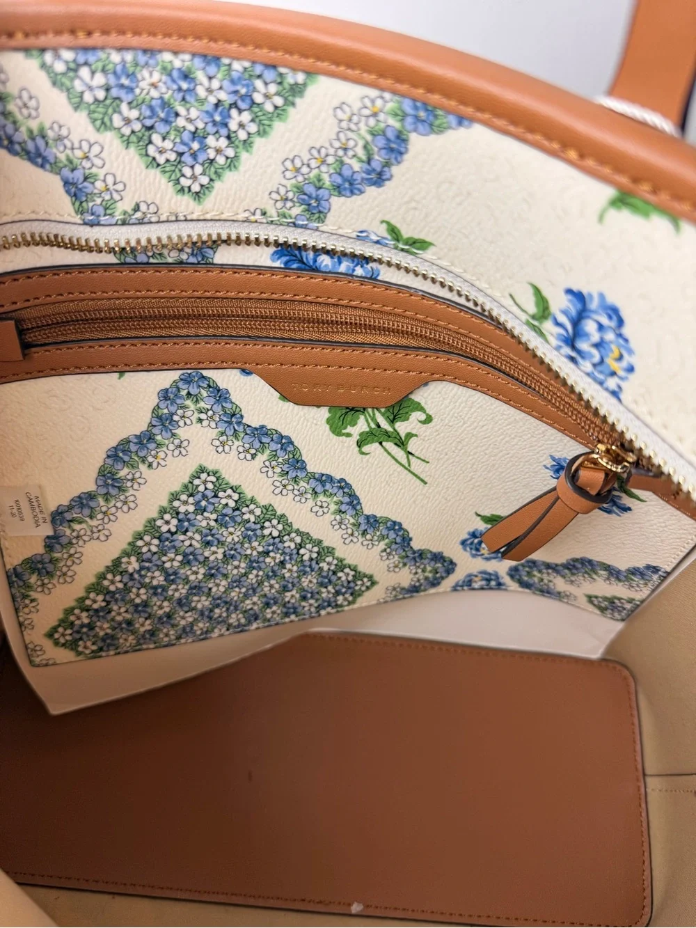 Tory Burch Kerrington Small Zip Tote Terrace Ditsy Floral Cloud Blue Brown